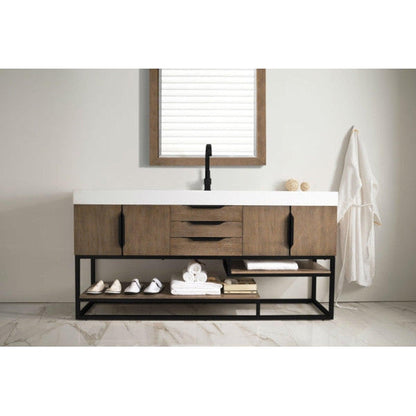 James Martin Columbia 73" Single Latte Oak Bathroom Vanity With Matte Black Hardware and 6" Glossy White Composite Countertop