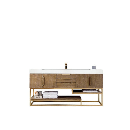 James Martin Columbia 73" Single Latte Oak Bathroom Vanity With Radiant Gold Hardware and 6" Glossy White Composite Countertop