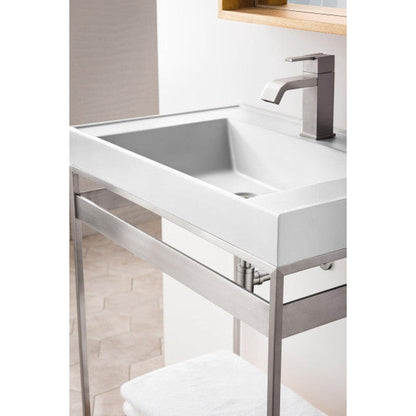 James Martin Como 28" Single Brushed Nickel Stainless Steel Console Sink With Natural Ash Shelf and Glossy White Composite Top