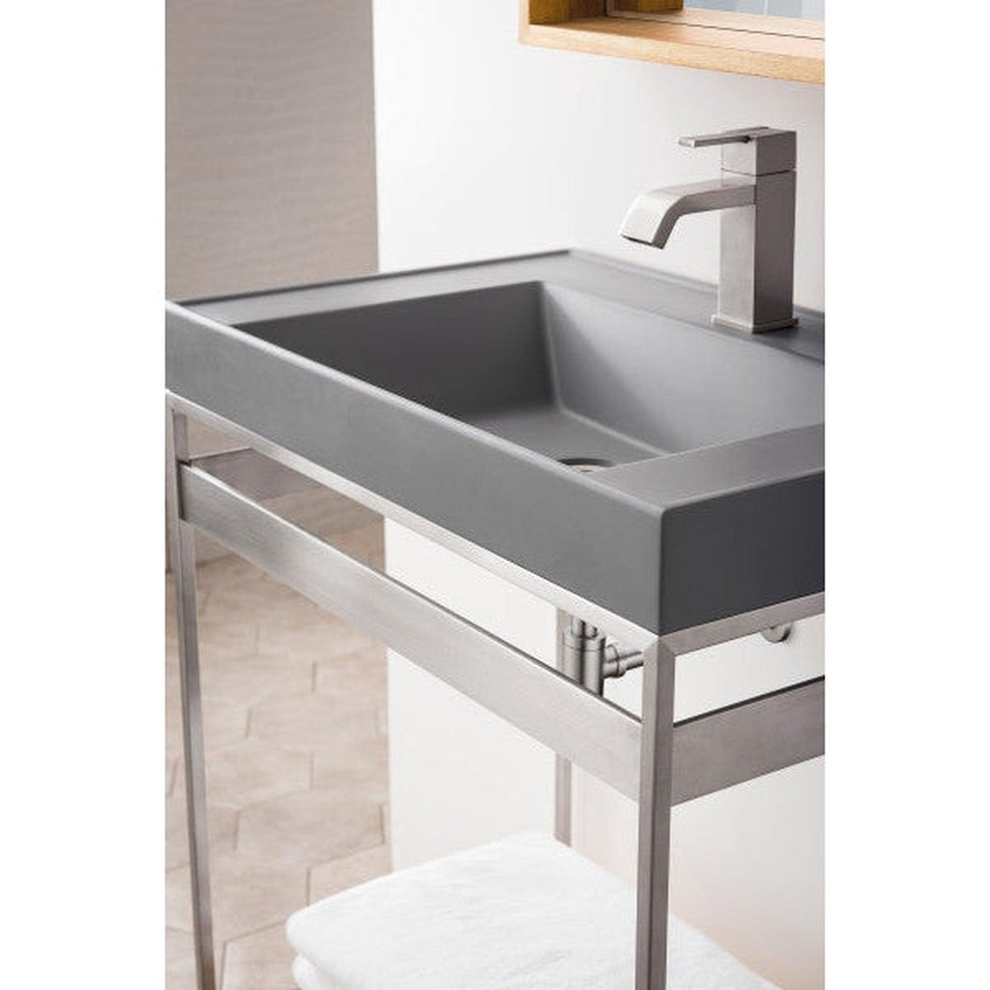 James Martin Como 28" Single Brushed Nickel Stainless Steel Console Sink With Natural Ash Shelf and Modern Grey Composite Top
