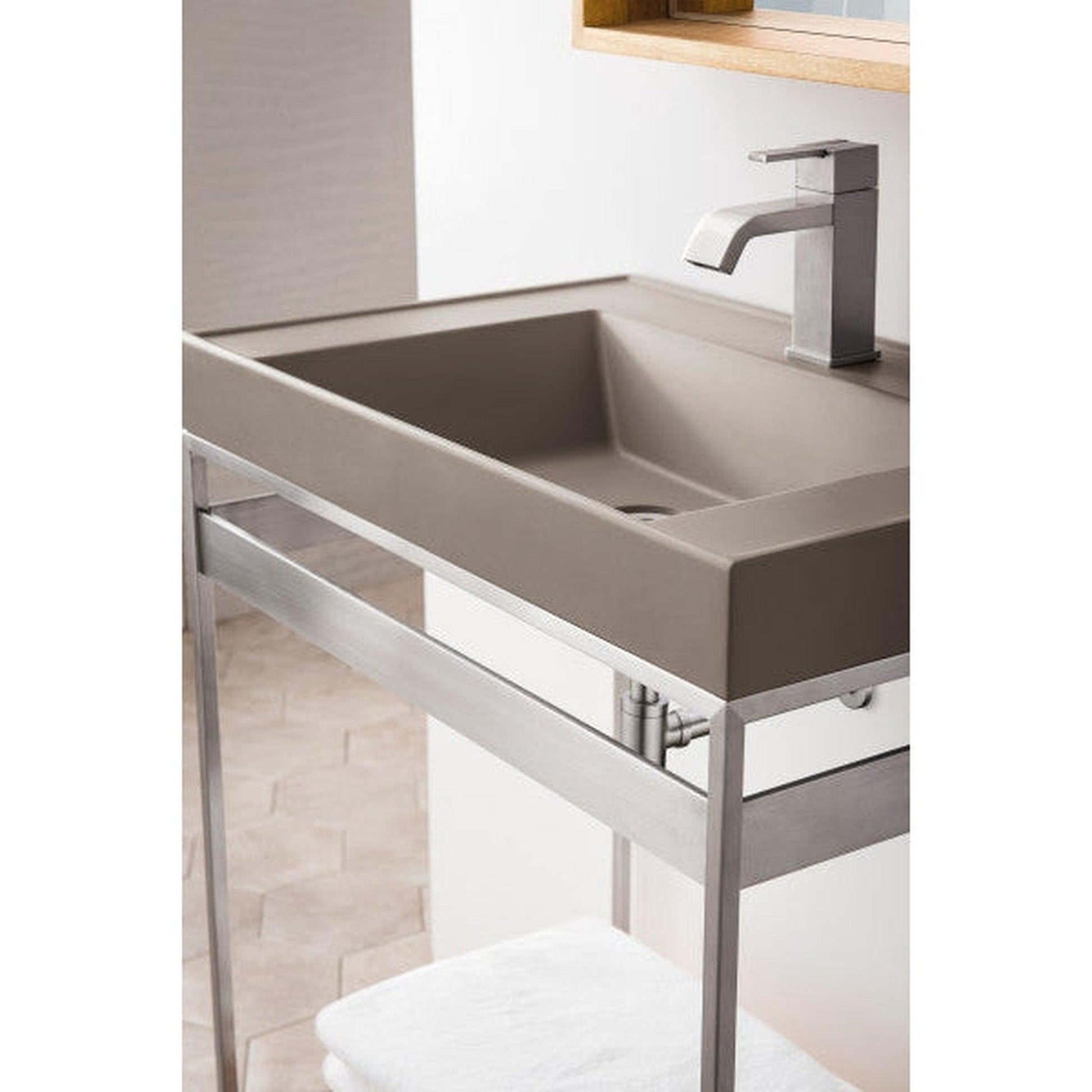 James Martin Como 28" Single Brushed Nickel Stainless Steel Console Sink With Natural Ash Shelf and Stone Grey Composite Top