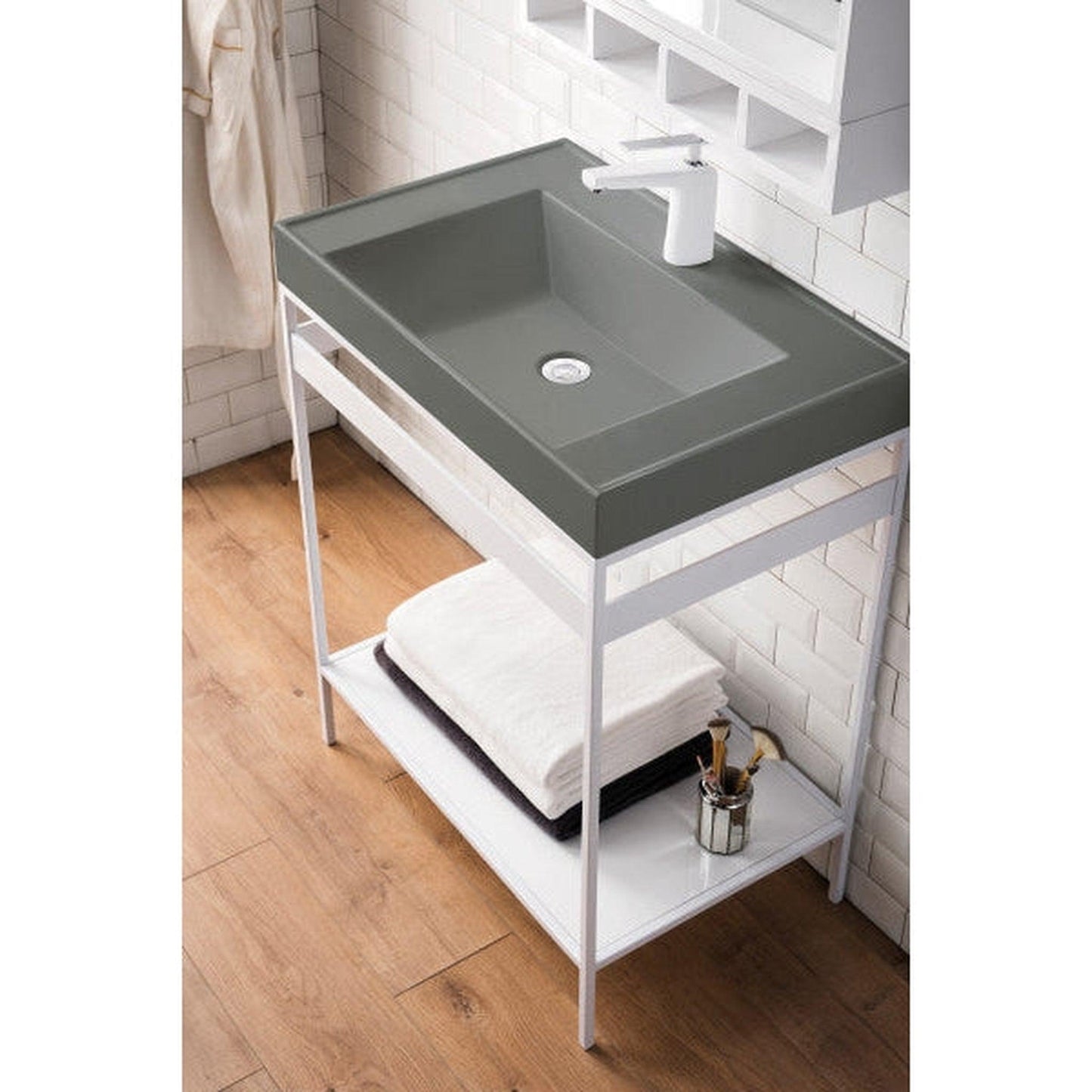 James Martin Como 28" Single Glossy White Stainless Steel Console Sink With Glossy White Shelf and Modern Grey Composite Top