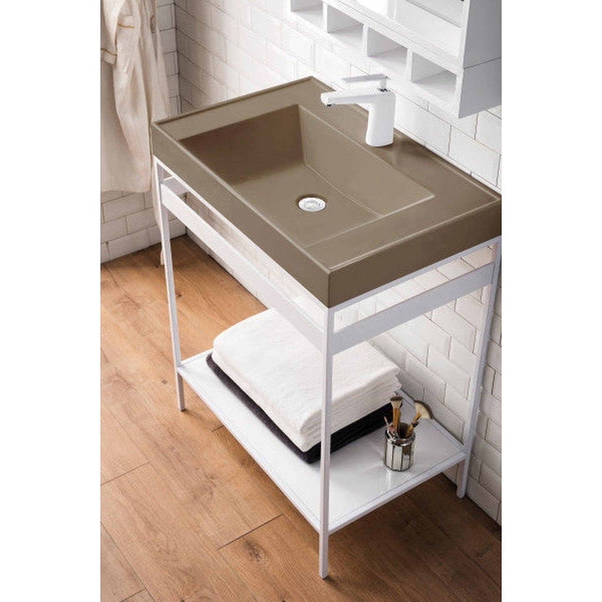 James Martin Como 28" Single Glossy White Stainless Steel Console Sink With Glossy White Shelf and Stone Grey Composite Top