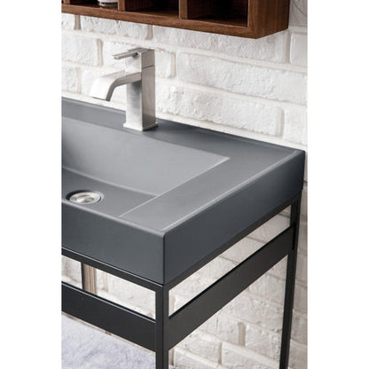 James Martin Como 28" Single Matte Black Stainless Steel Console Sink With Mid Century Walnut Shelf and Modern Grey Composite Top