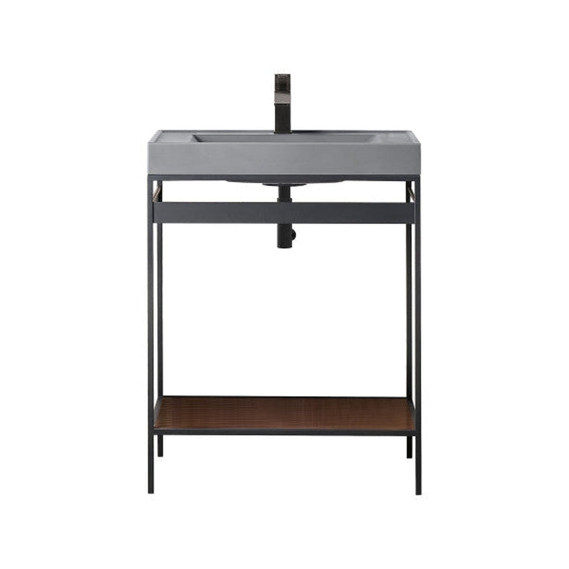 James Martin Como 28" Single Matte Black Stainless Steel Console Sink With Mid Century Walnut Shelf and Modern Grey Composite Top