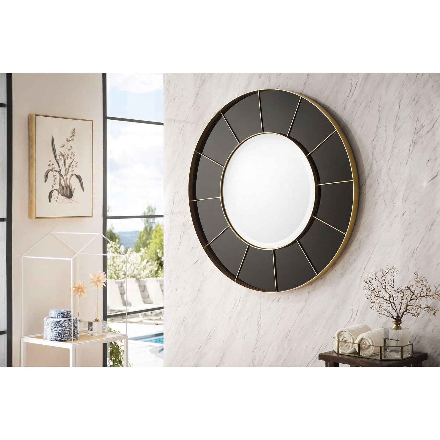 James Martin Compass 35" x 35" Radiant Gold and Glossy Black Round Mirror