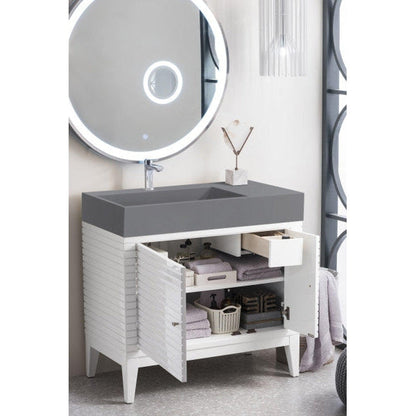 James Martin Linear 36" Single Glossy White Bathroom Vanity With 6" Glossy Dusk Gray Composite Countertop