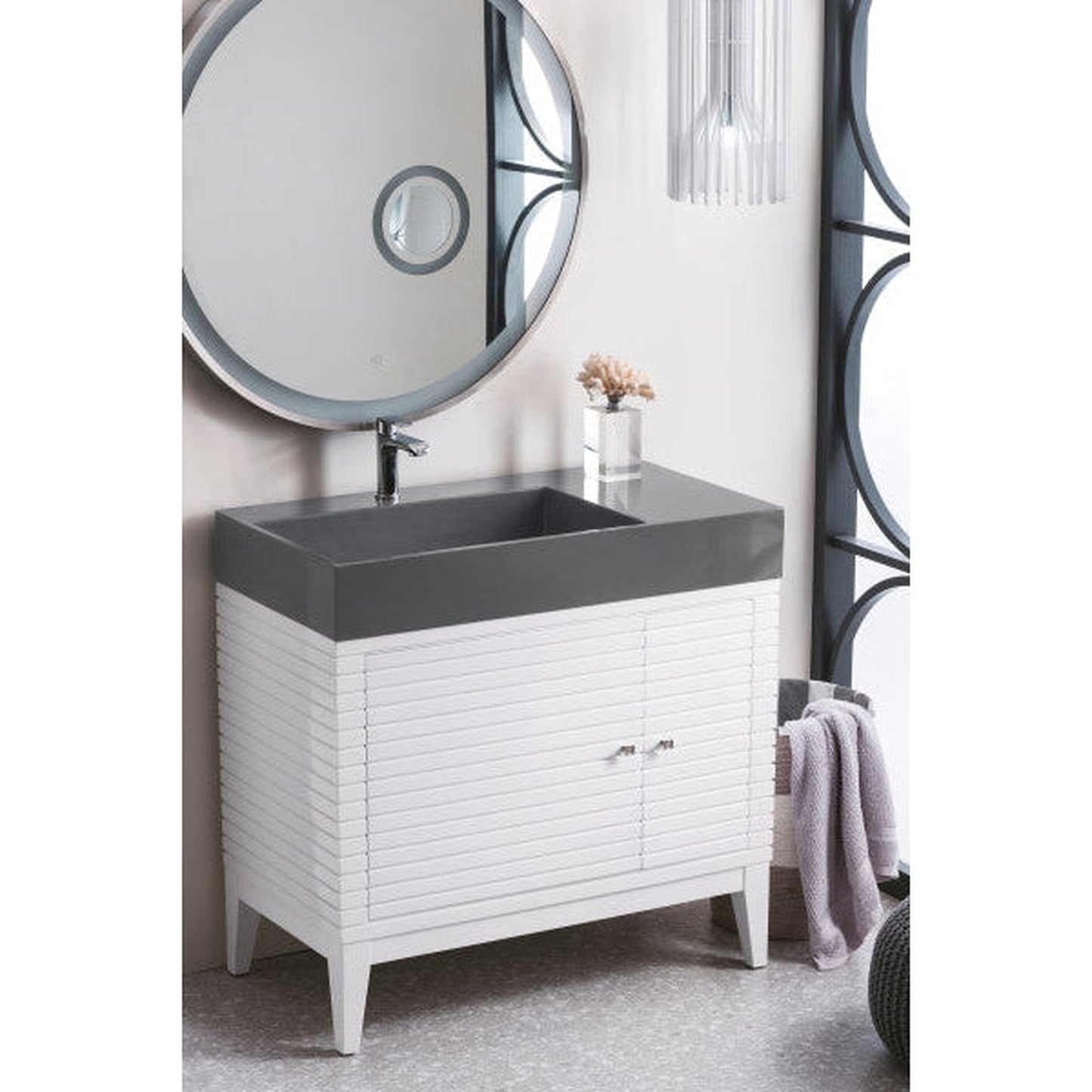 James Martin Linear 36" Single Glossy White Bathroom Vanity With 6" Glossy Dusk Gray Composite Countertop