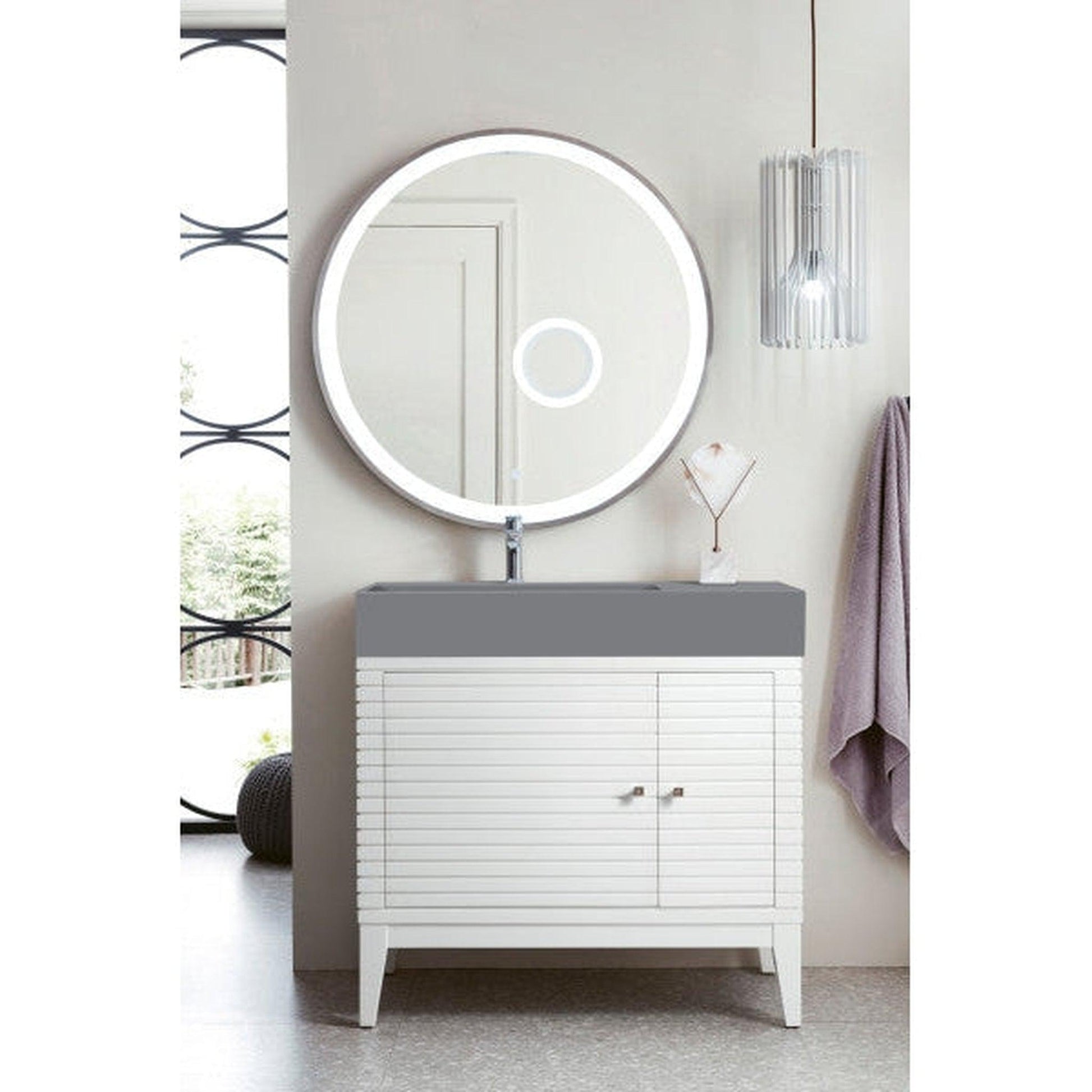 James Martin Linear 36" Single Glossy White Bathroom Vanity With 6" Glossy Dusk Gray Composite Countertop