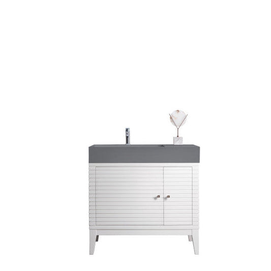 James Martin Linear 36" Single Glossy White Bathroom Vanity With 6" Glossy Dusk Gray Composite Countertop