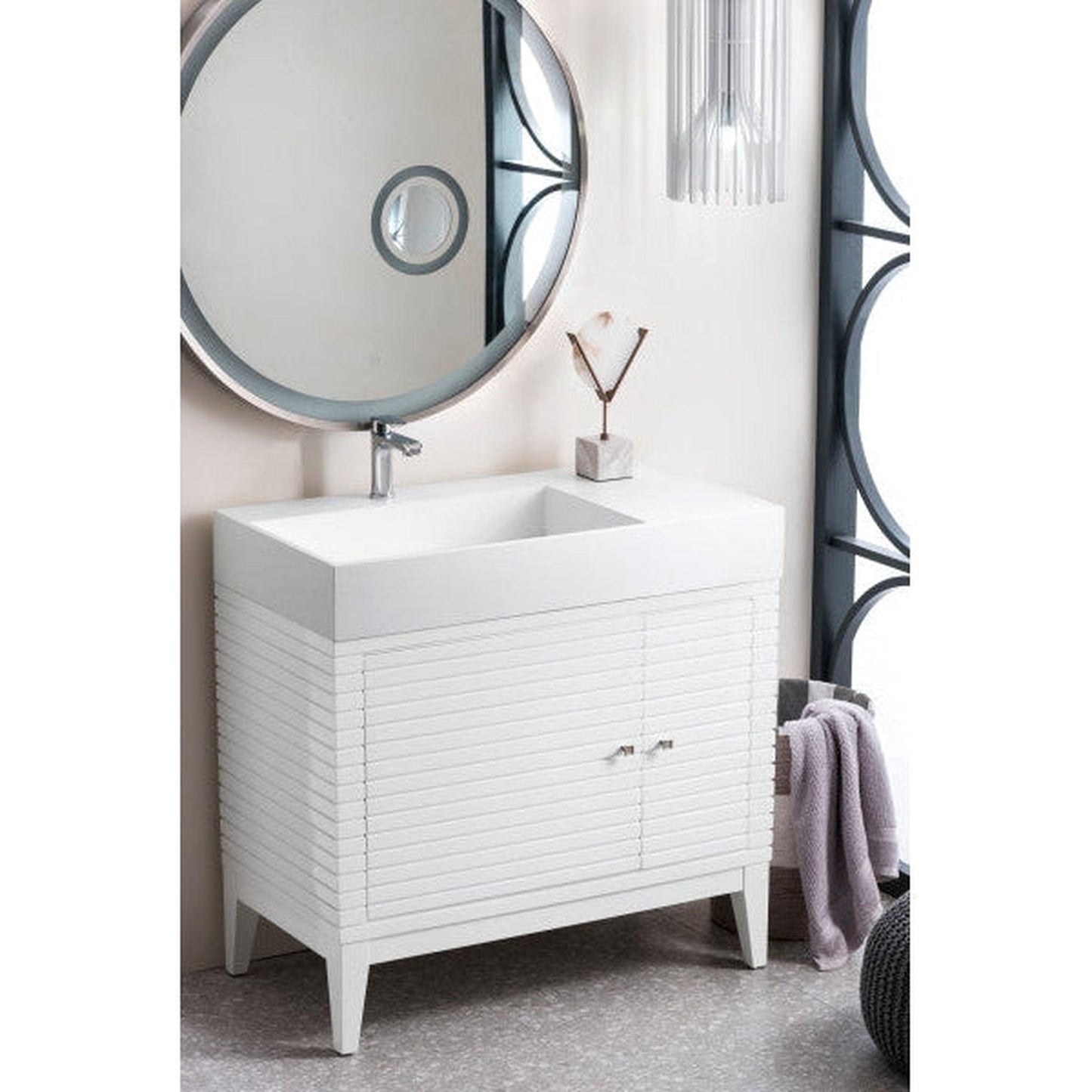 James Martin Linear 36" Single Glossy White Bathroom Vanity With 6" Glossy White Composite Countertop