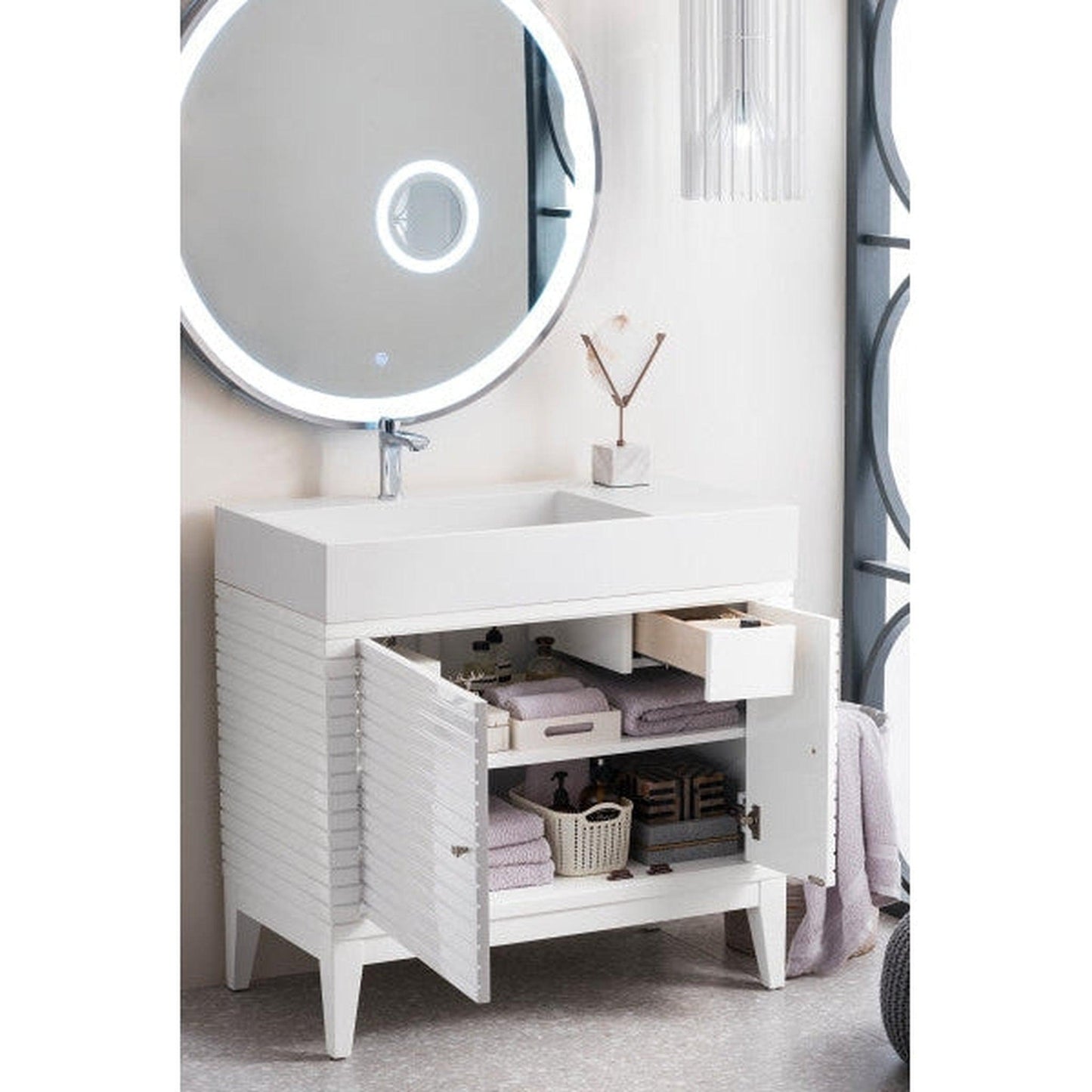 James Martin Linear 36" Single Glossy White Bathroom Vanity With 6" Glossy White Composite Countertop