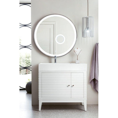 James Martin Linear 36" Single Glossy White Bathroom Vanity With 6" Glossy White Composite Countertop