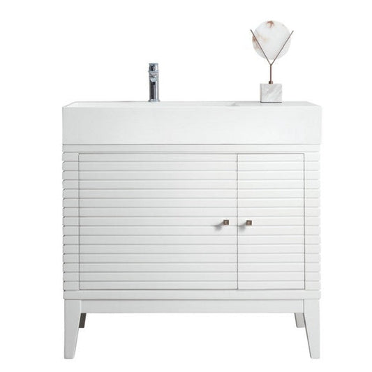 James Martin Linear 36" Single Glossy White Bathroom Vanity With 6" Glossy White Composite Countertop