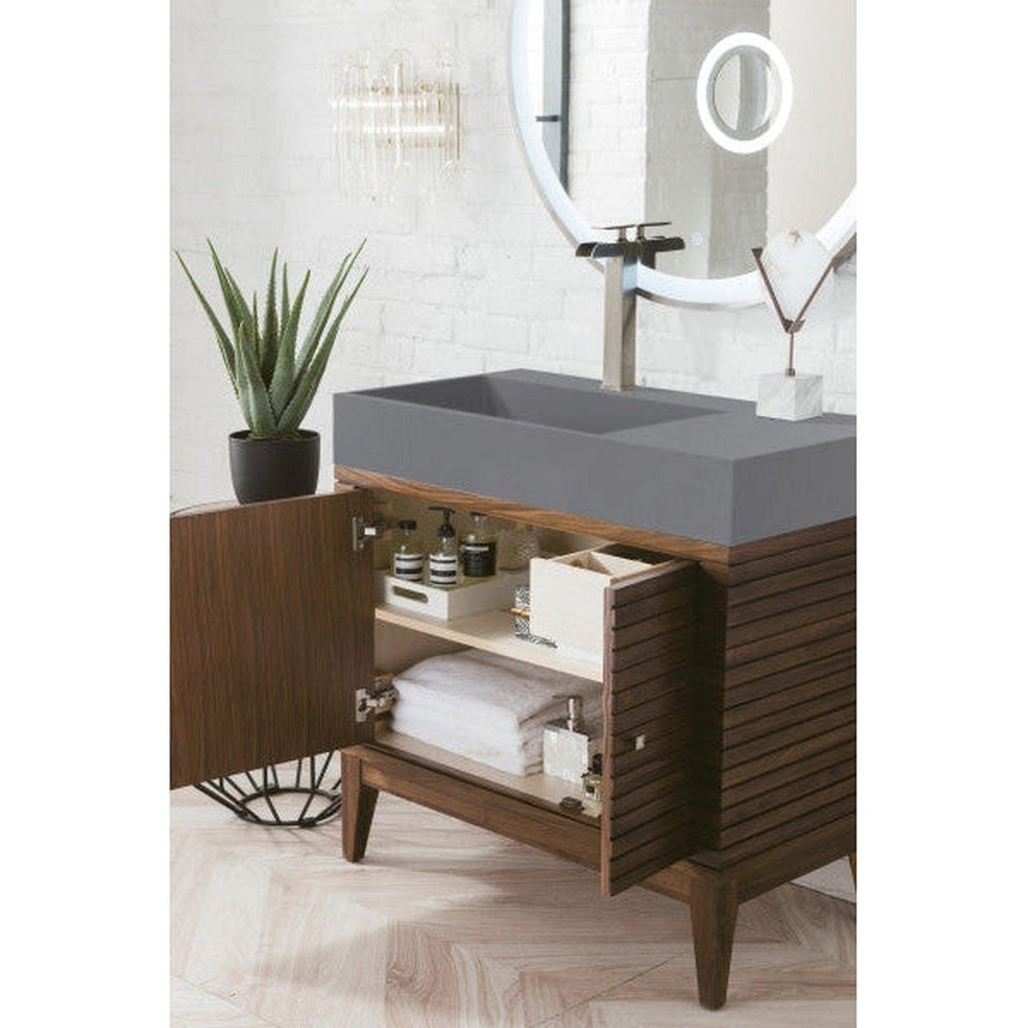 James Martin Linear 36" Single Mid Century Walnut Bathroom Vanity With 6" Glossy Dusk Gray Composite Countertop