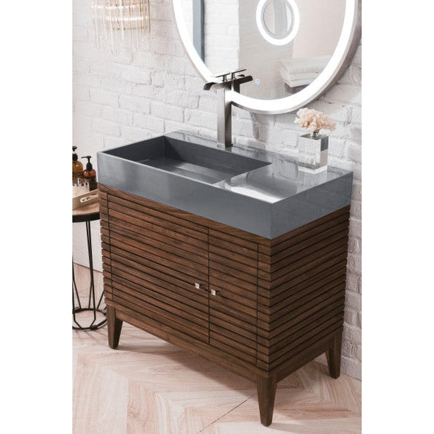 James Martin Linear 36" Single Mid Century Walnut Bathroom Vanity With 6" Glossy Dusk Gray Composite Countertop