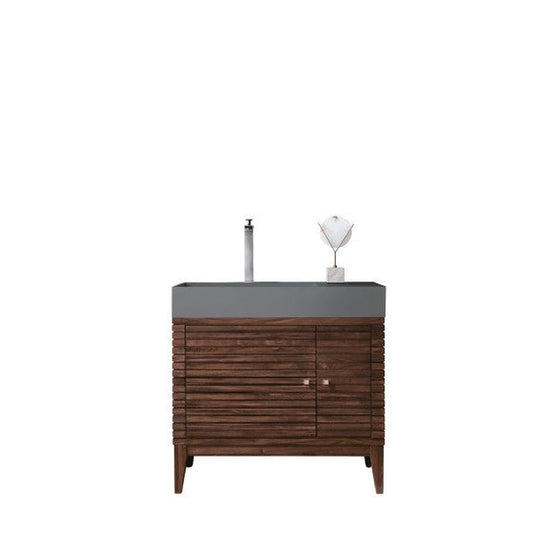 James Martin Linear 36" Single Mid Century Walnut Bathroom Vanity With 6" Glossy Dusk Gray Composite Countertop