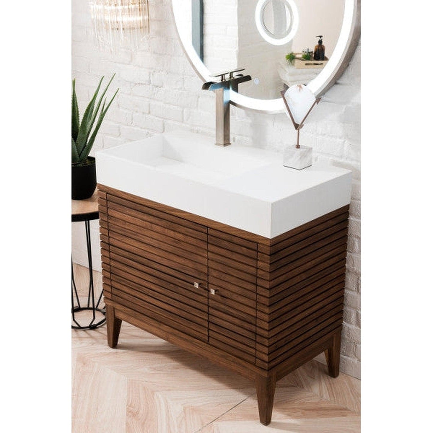James Martin Linear 36" Single Mid Century Walnut Bathroom Vanity With 6" Glossy White Composite Countertop
