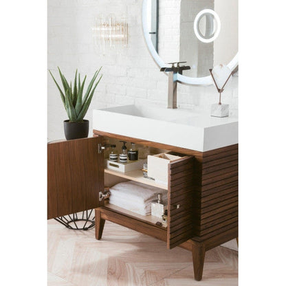 James Martin Linear 36" Single Mid Century Walnut Bathroom Vanity With 6" Glossy White Composite Countertop