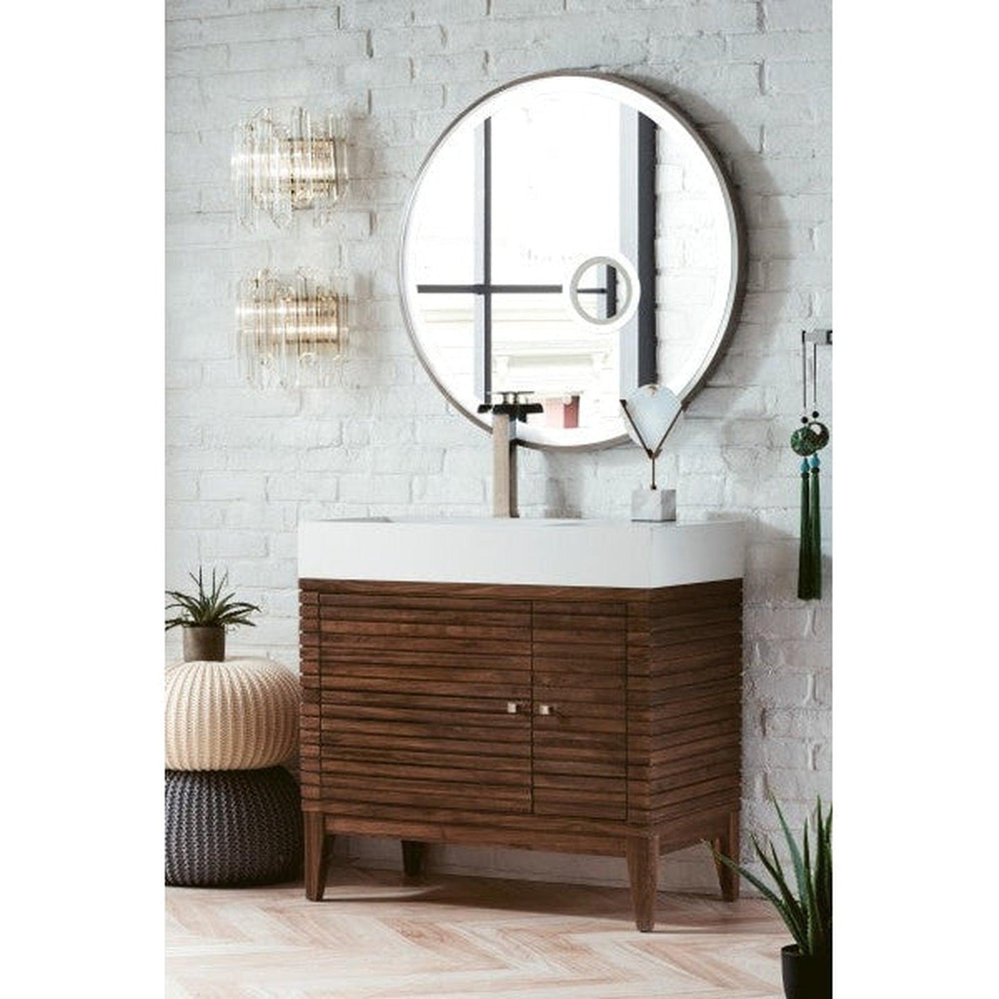 James Martin Linear 36" Single Mid Century Walnut Bathroom Vanity With 6" Glossy White Composite Countertop