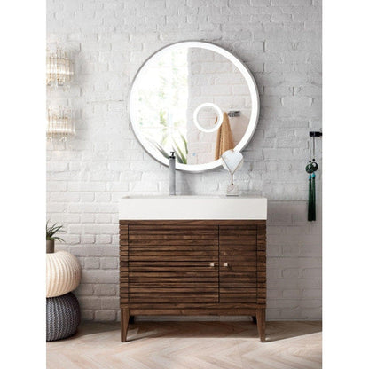 James Martin Linear 36" Single Mid Century Walnut Bathroom Vanity With 6" Glossy White Composite Countertop