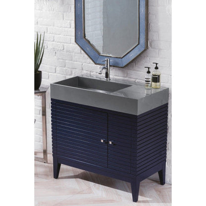 James Martin Linear 36" Single Victory Blue Bathroom Vanity With 6" Glossy Dusk Gray Composite Countertop