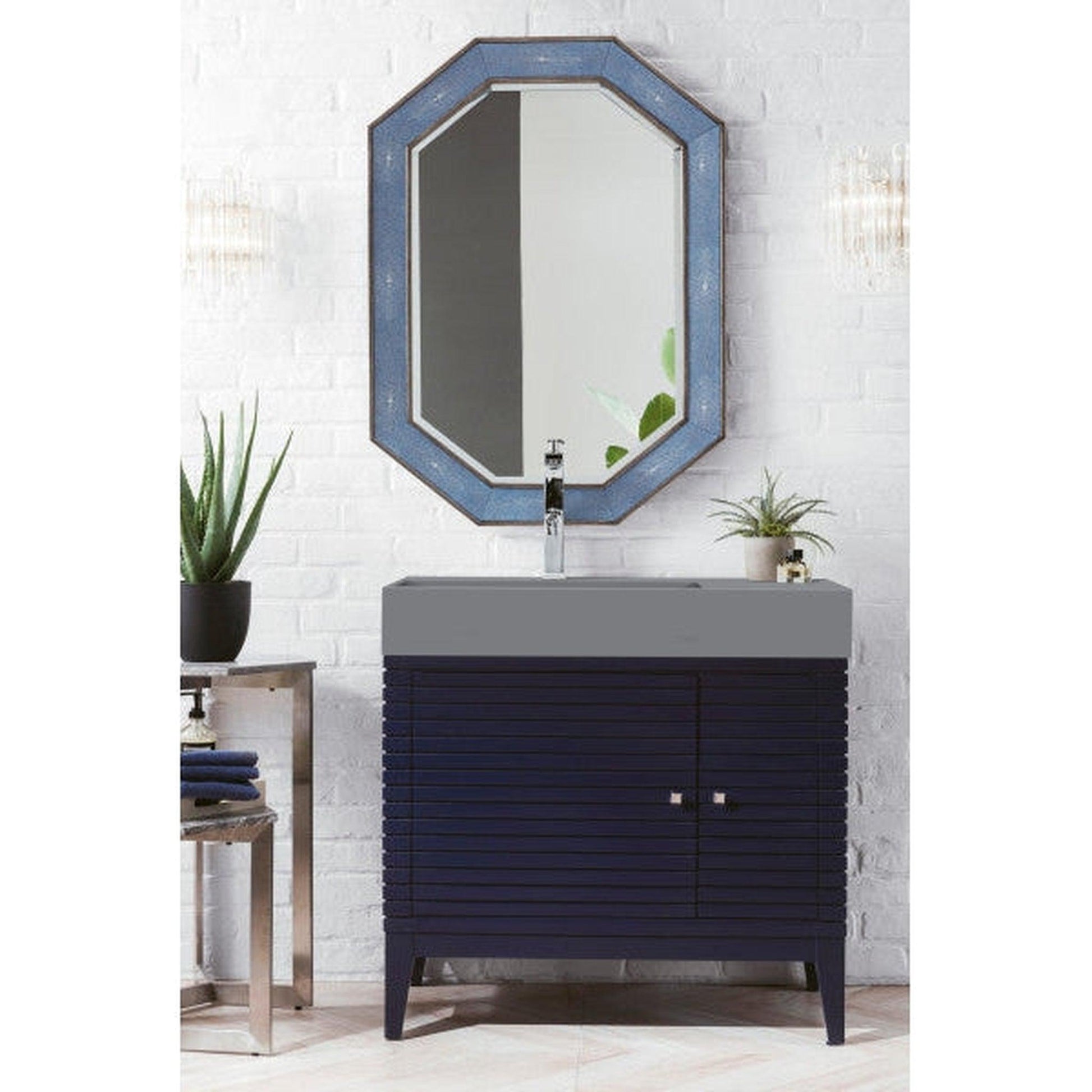 James Martin Linear 36" Single Victory Blue Bathroom Vanity With 6" Glossy Dusk Gray Composite Countertop