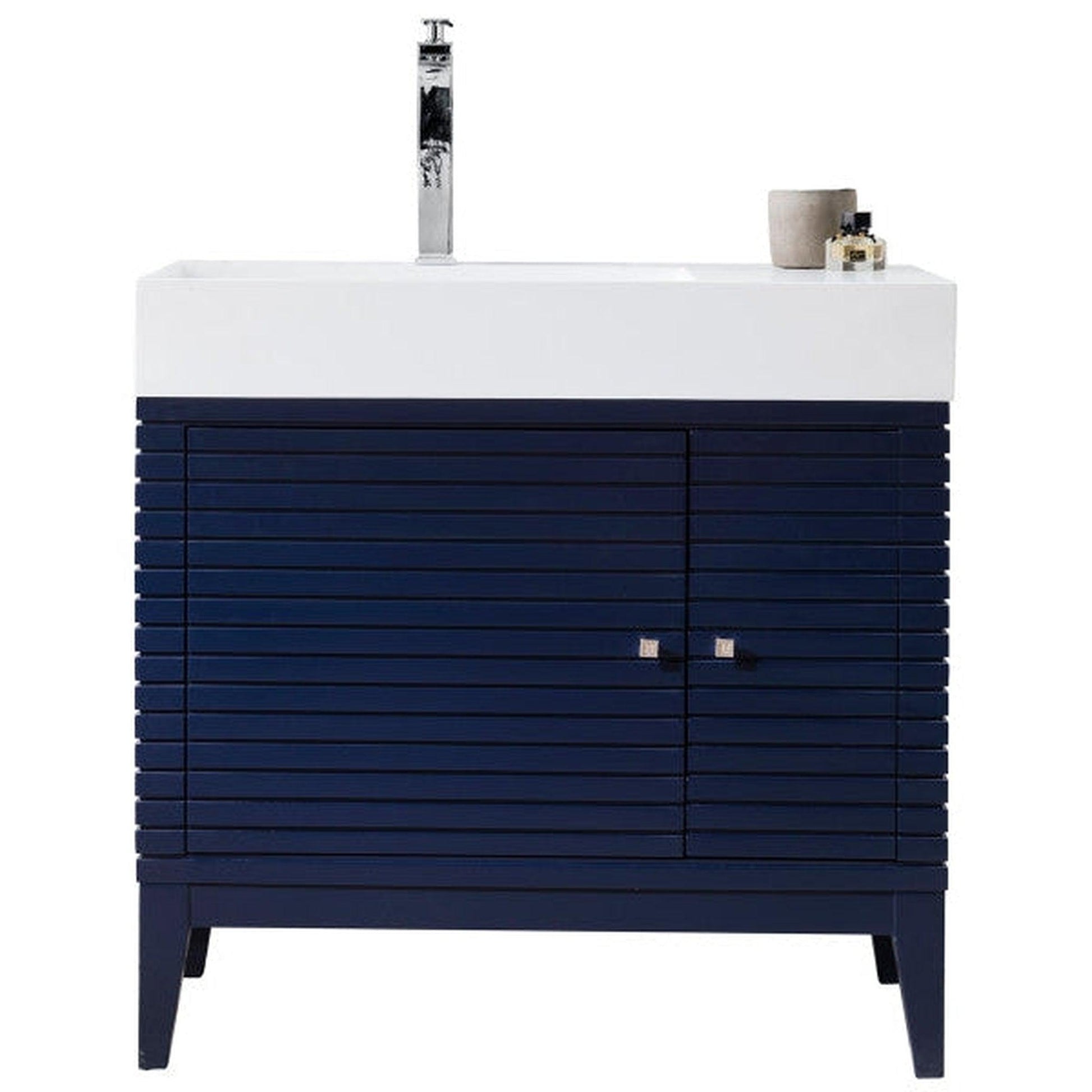James Martin Linear 36" Single Victory Blue Bathroom Vanity With 6" Glossy White Composite Countertop