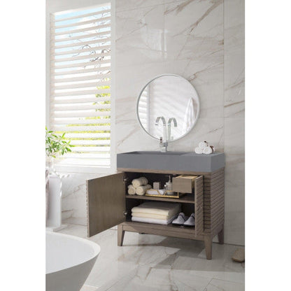James Martin Linear 36" Single Whitewashed Walnut Bathroom Vanity With 6" Glossy Dusk Gray Composite Countertop