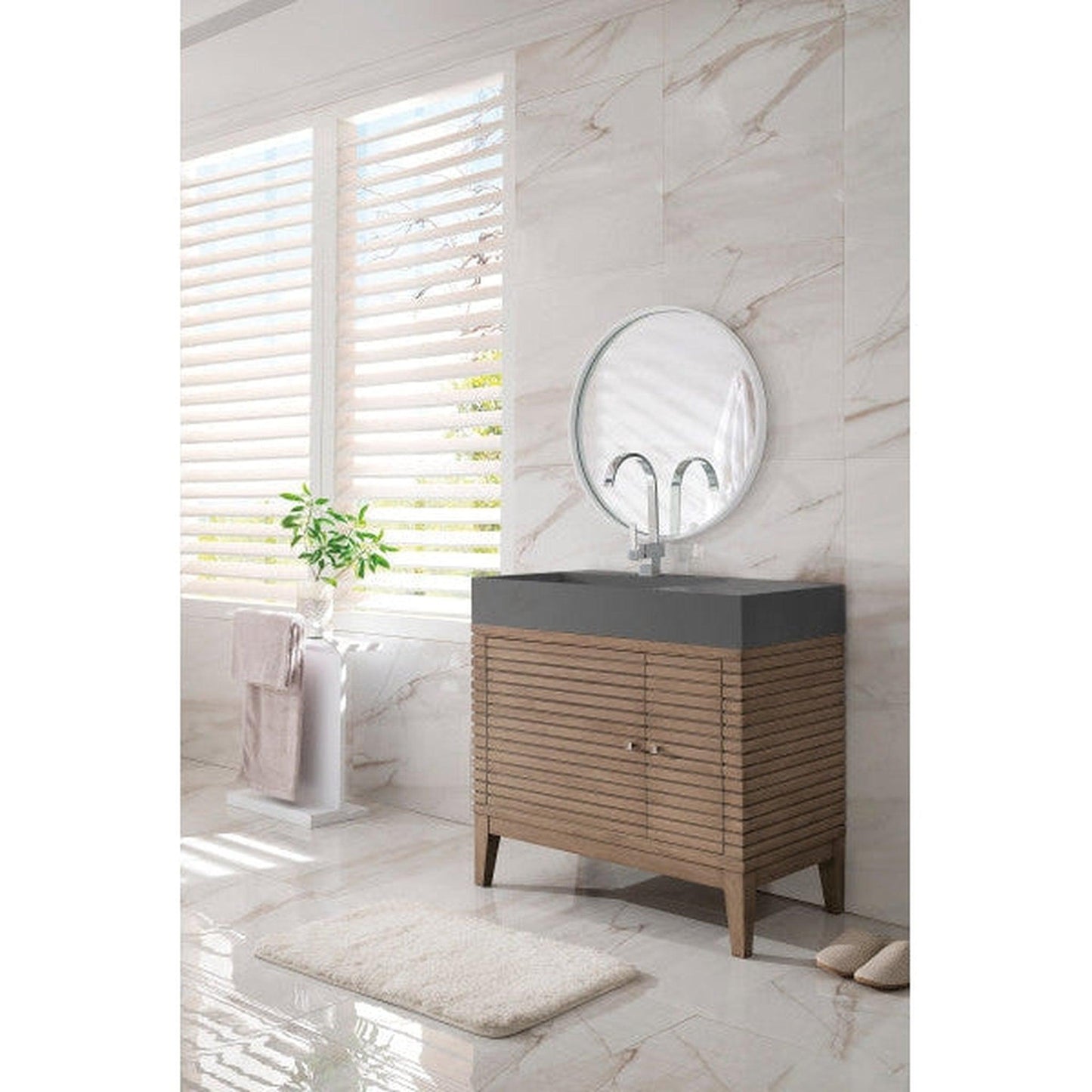 James Martin Linear 36" Single Whitewashed Walnut Bathroom Vanity With 6" Glossy Dusk Gray Composite Countertop
