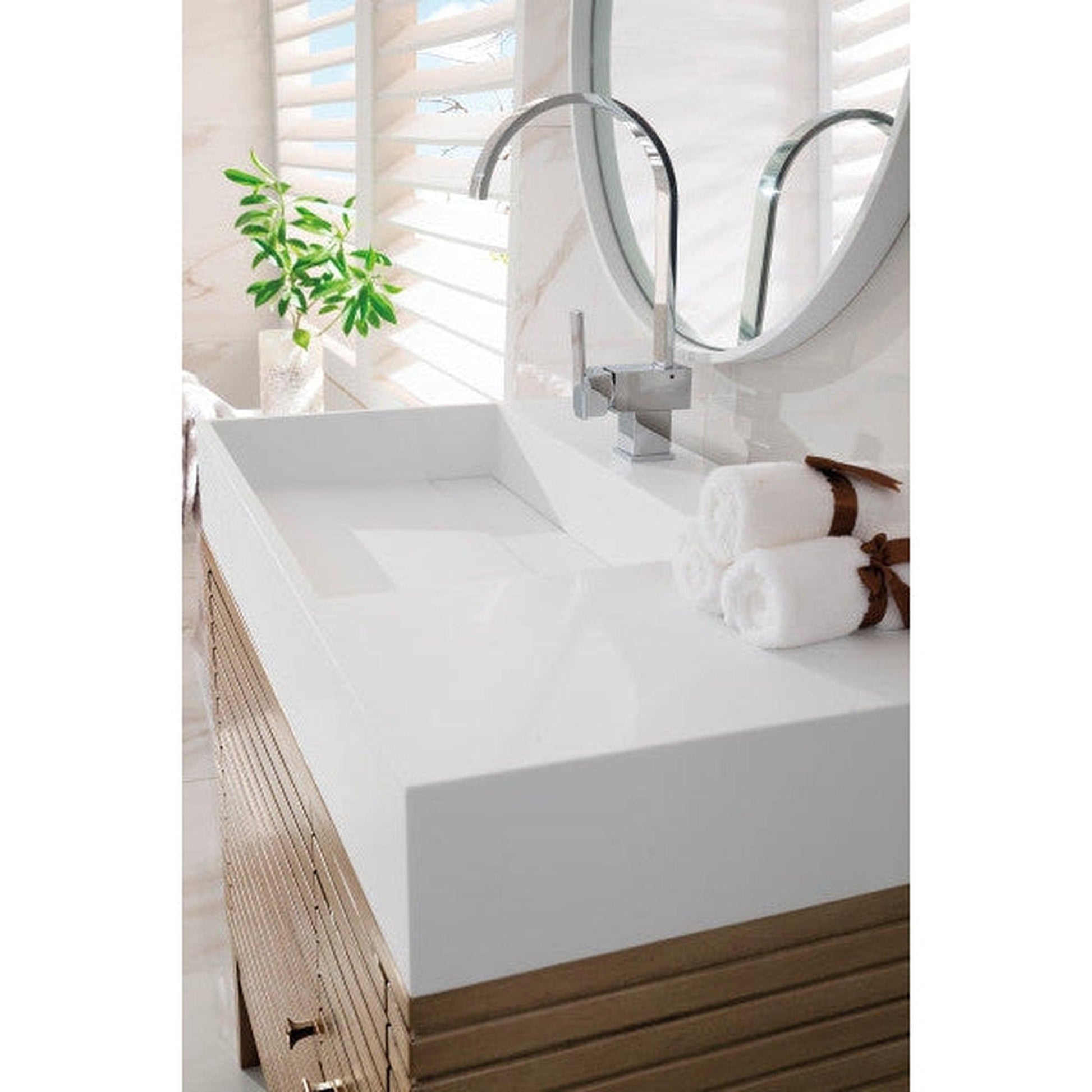 James Martin Linear 36" Single Whitewashed Walnut Bathroom Vanity With 6" Glossy White Composite Countertop