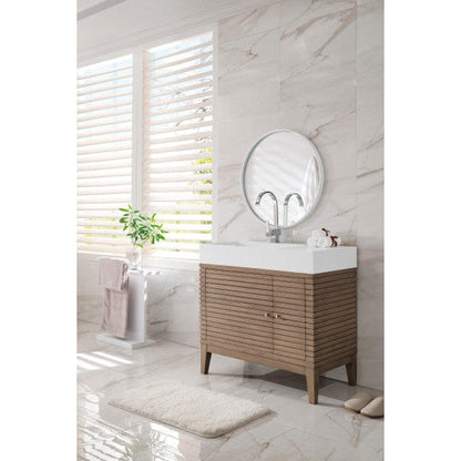 James Martin Linear 36" Single Whitewashed Walnut Bathroom Vanity With 6" Glossy White Composite Countertop