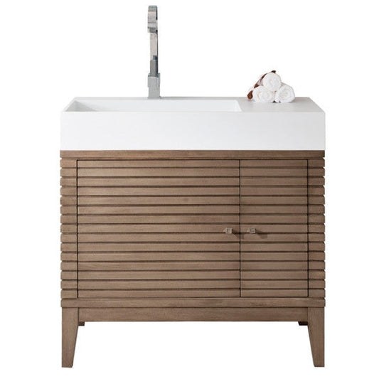 James Martin Linear 36" Single Whitewashed Walnut Bathroom Vanity With 6" Glossy White Composite Countertop