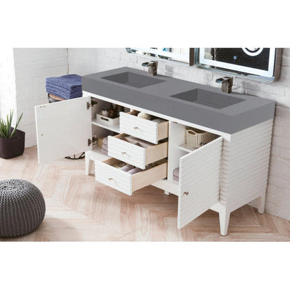 James Martin Linear 59" Double Glossy White Bathroom Vanity With 6" Glossy Dusk Gray Composite Countertop