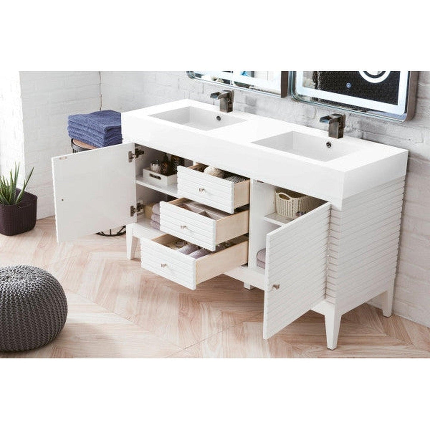 James Martin Linear 59" Double Glossy White Bathroom Vanity With 6" Glossy White Composite Countertop