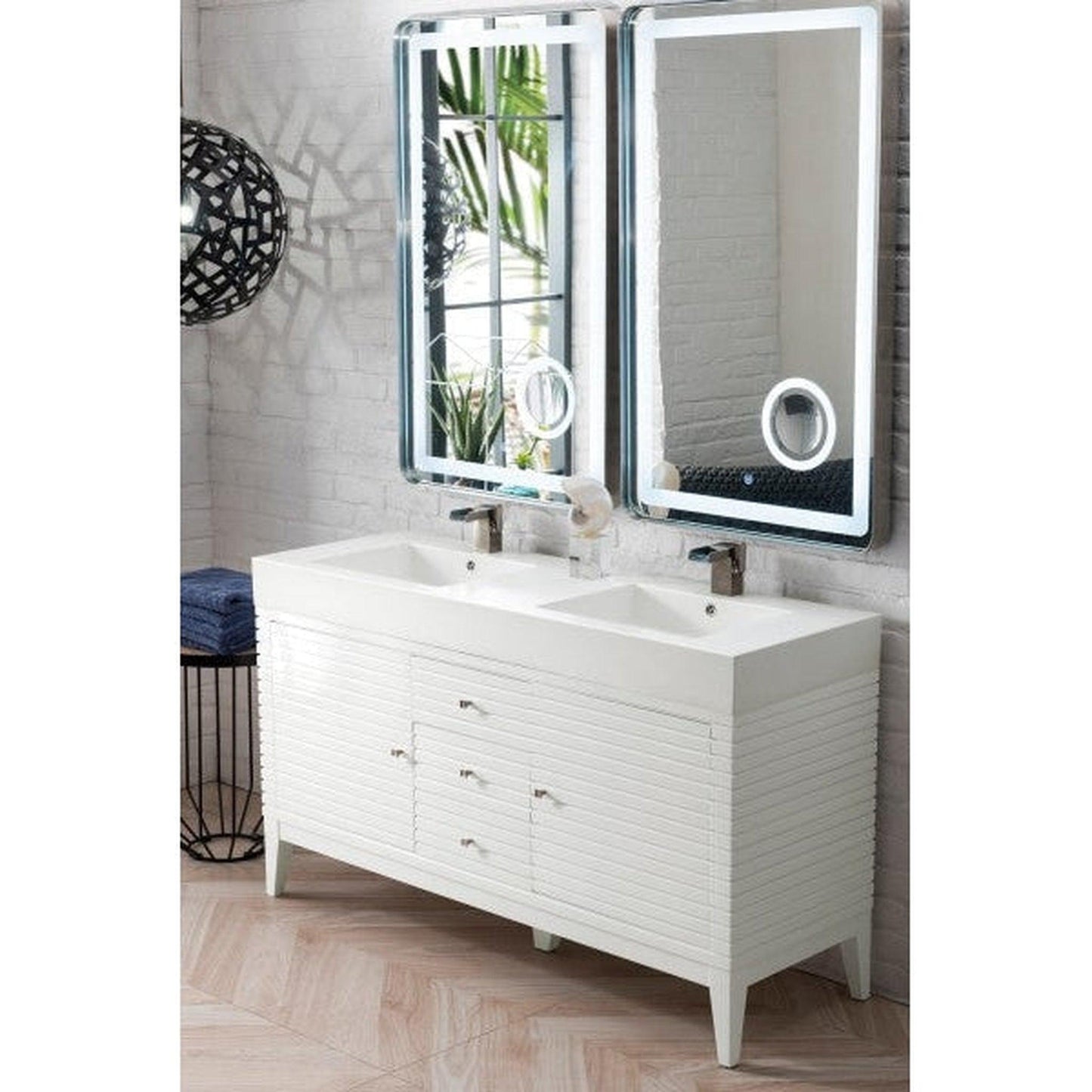 James Martin Linear 59" Double Glossy White Bathroom Vanity With 6" Glossy White Composite Countertop