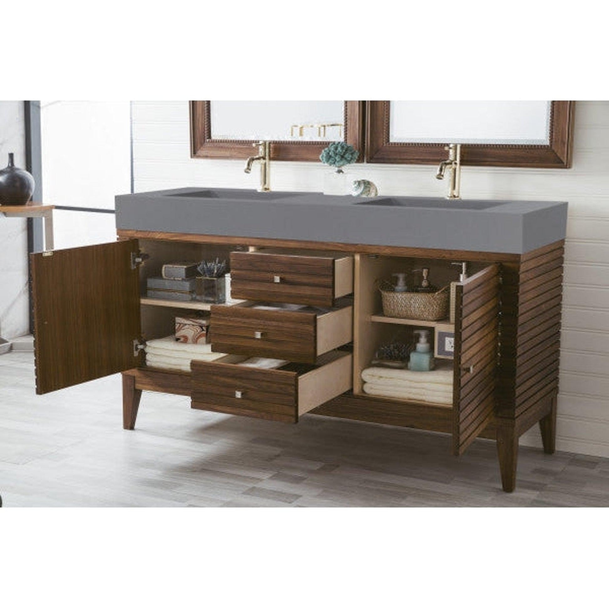 James Martin Linear 59" Double Mid Century Walnut Bathroom Vanity With 6" Glossy Dusk Gray Composite Countertop