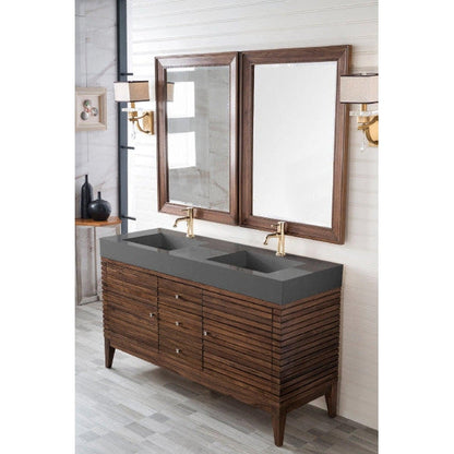 James Martin Linear 59" Double Mid Century Walnut Bathroom Vanity With 6" Glossy Dusk Gray Composite Countertop