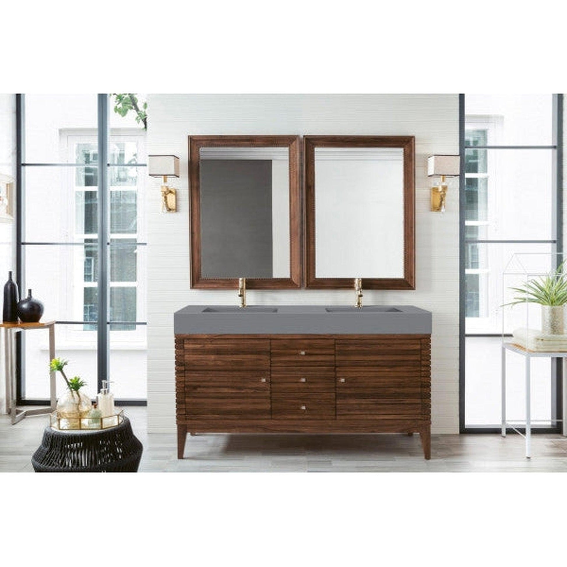 James Martin Linear 59" Double Mid Century Walnut Bathroom Vanity With 6" Glossy Dusk Gray Composite Countertop