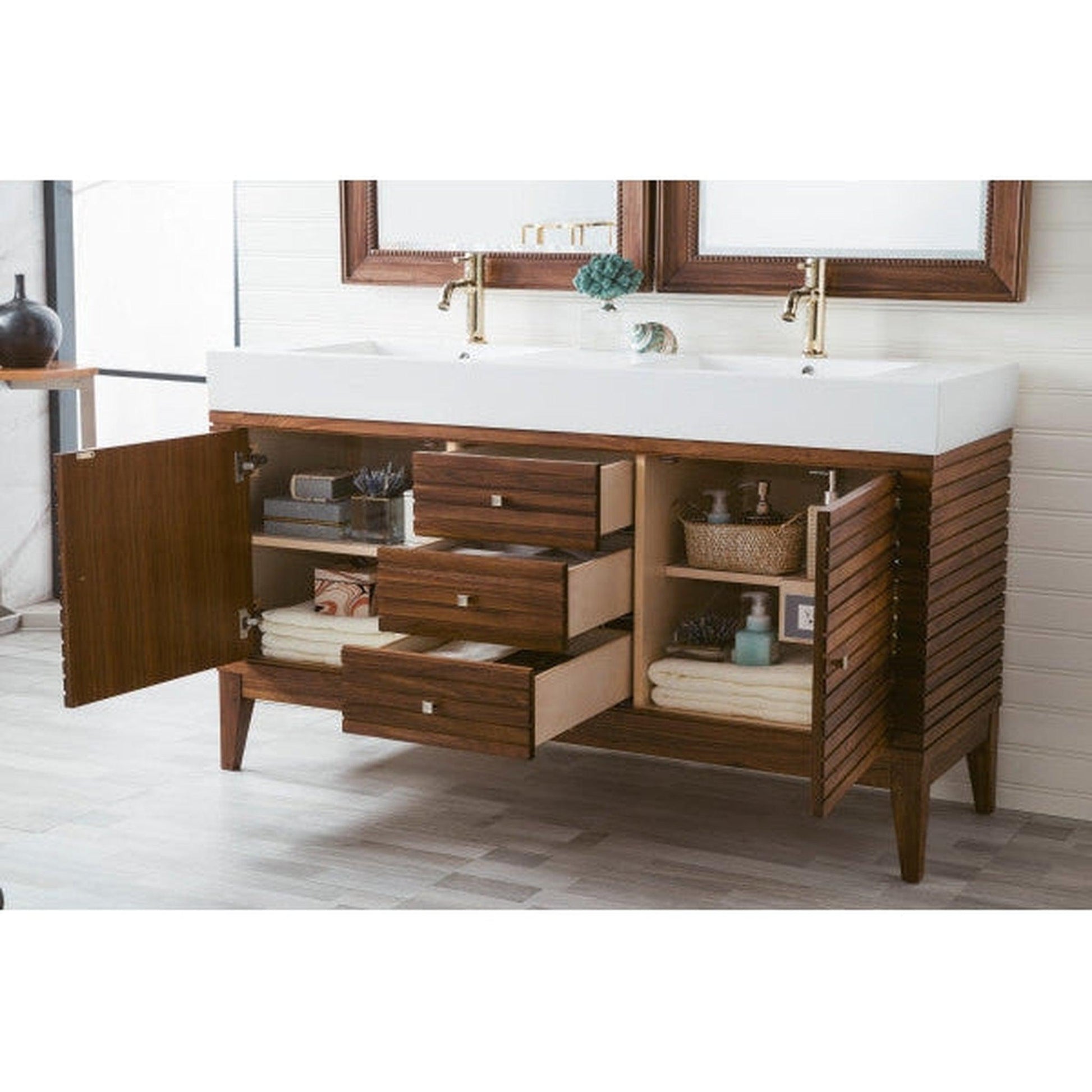 James Martin Linear 59" Double Mid Century Walnut Bathroom Vanity With 6" Glossy White Composite Countertop