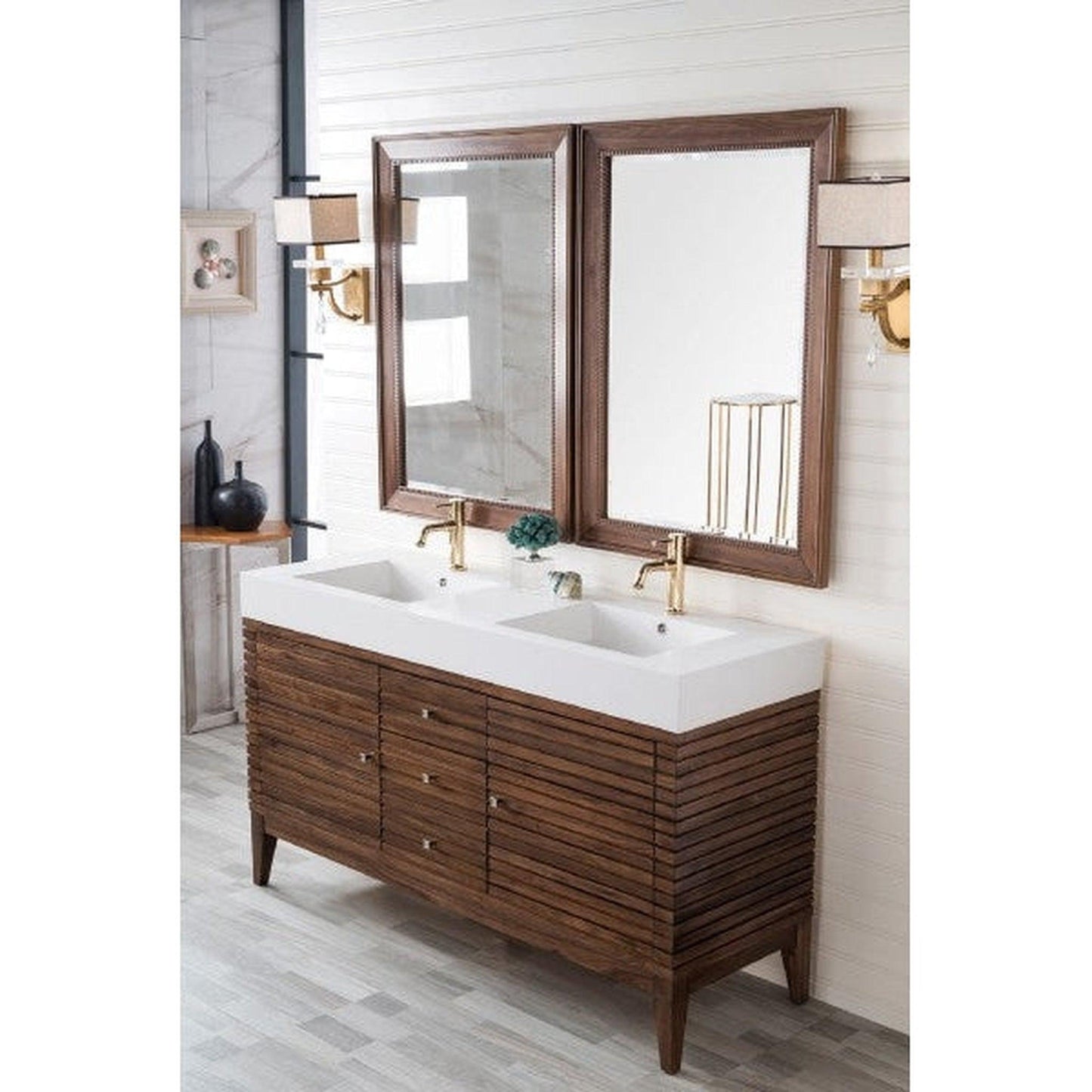 James Martin Linear 59" Double Mid Century Walnut Bathroom Vanity With 6" Glossy White Composite Countertop