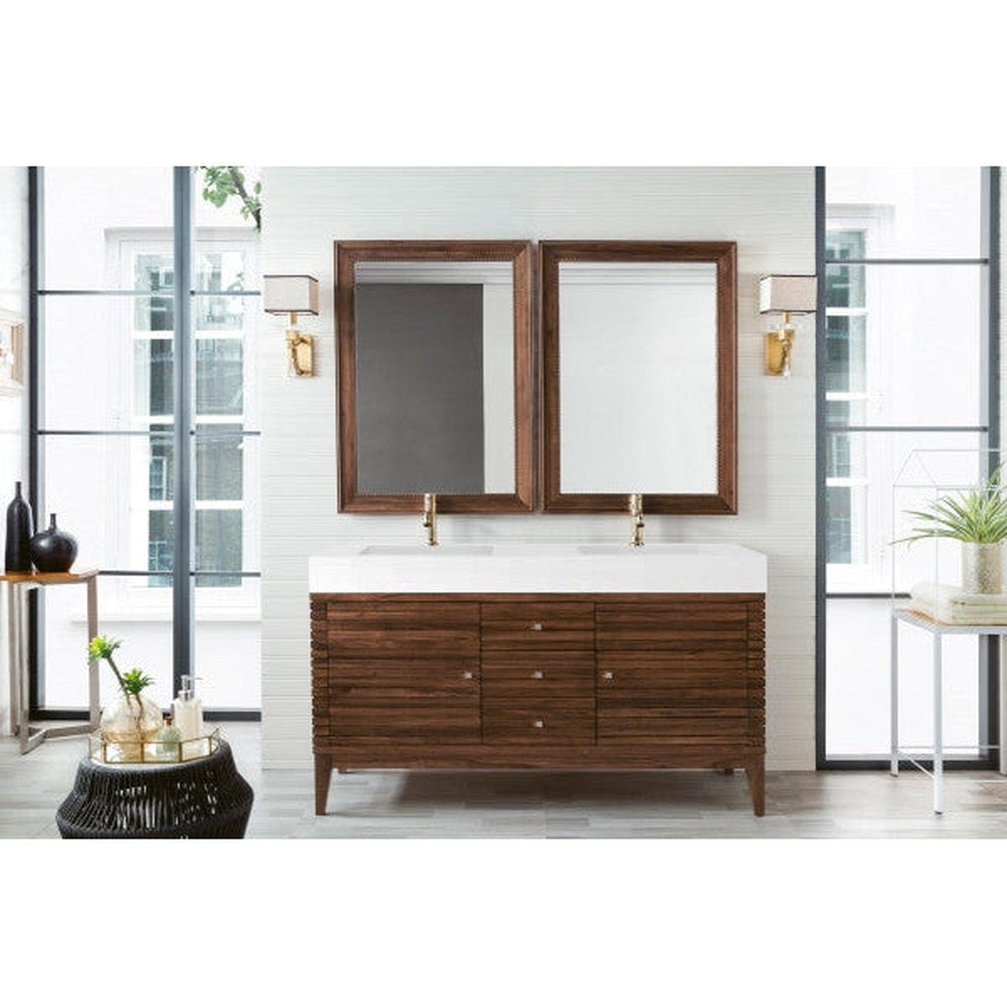 James Martin Linear 59" Double Mid Century Walnut Bathroom Vanity With 6" Glossy White Composite Countertop