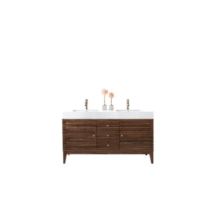 James Martin Linear 59" Double Mid Century Walnut Bathroom Vanity With 6" Glossy White Composite Countertop