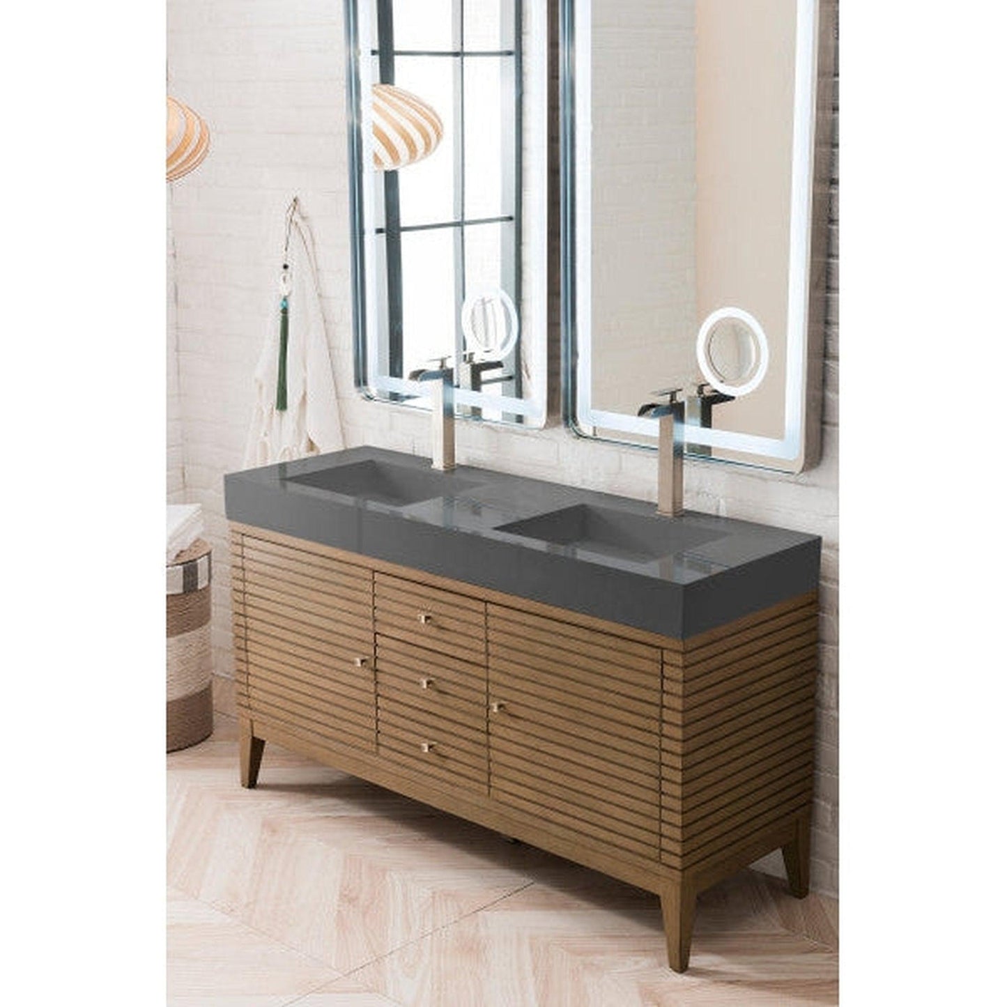 James Martin Linear 59" Double Whitewashed Walnut Bathroom Vanity With 6" Glossy Dusk Gray Composite Countertop
