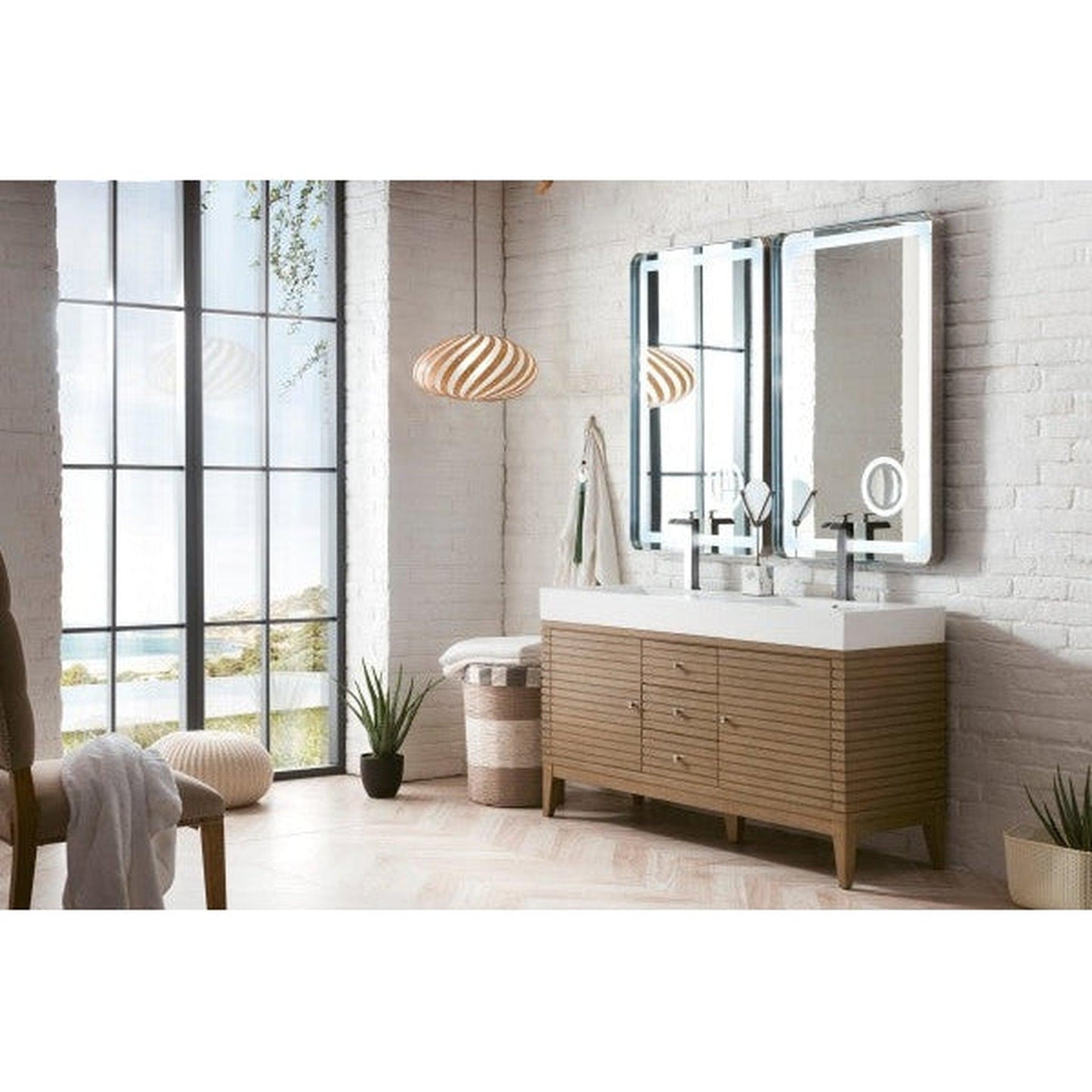 James Martin Linear 59" Double Whitewashed Walnut Bathroom Vanity With 6" Glossy White Composite Countertop