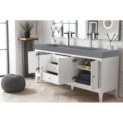 James Martin Linear 73" Double Glossy White Bathroom Vanity With 6" Glossy Dusk Gray Composite Countertop