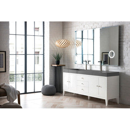 James Martin Linear 73" Double Glossy White Bathroom Vanity With 6" Glossy Dusk Gray Composite Countertop