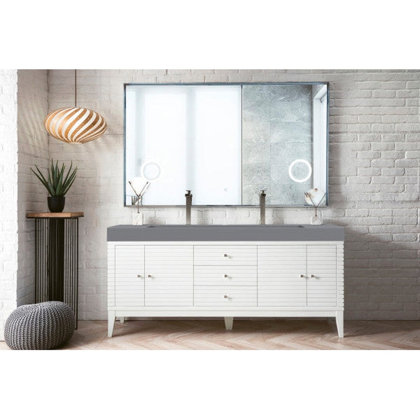 James Martin Linear 73" Double Glossy White Bathroom Vanity With 6" Glossy Dusk Gray Composite Countertop