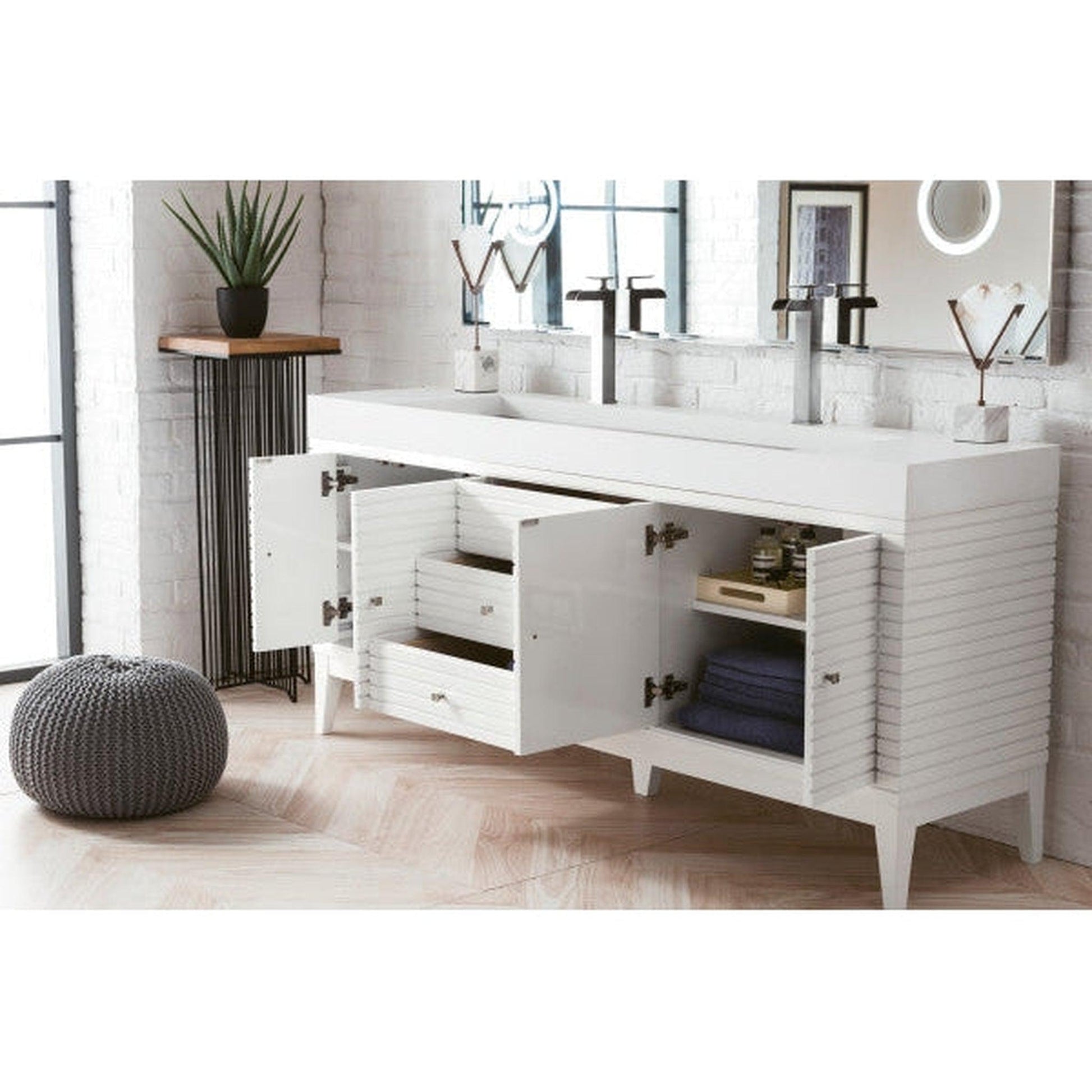 James Martin Linear 73" Double Glossy White Bathroom Vanity With 6" Glossy White Composite Countertop