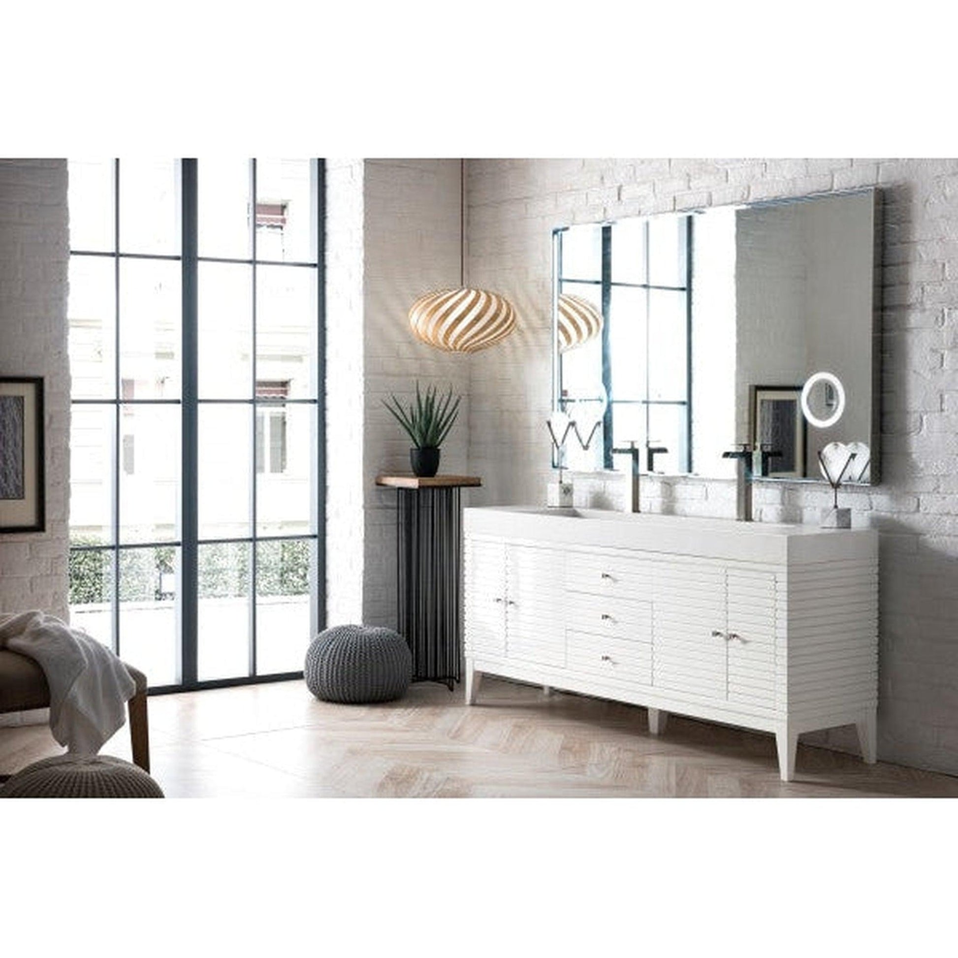 James Martin Linear 73" Double Glossy White Bathroom Vanity With 6" Glossy White Composite Countertop